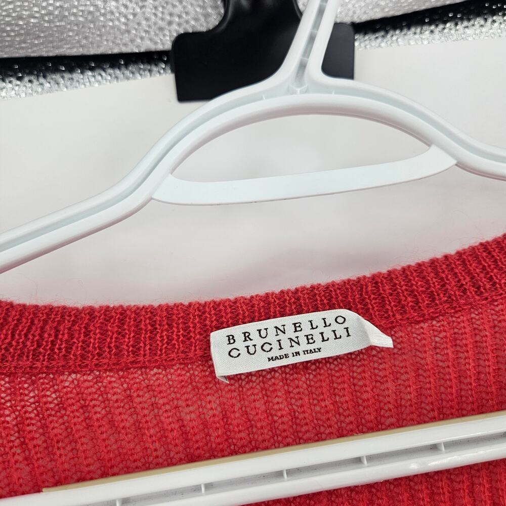 Brunello Cucinelli Sweater Red V-neck Ribbed Knit Mohair Wool Pullover Size M - Picture 2 of 5